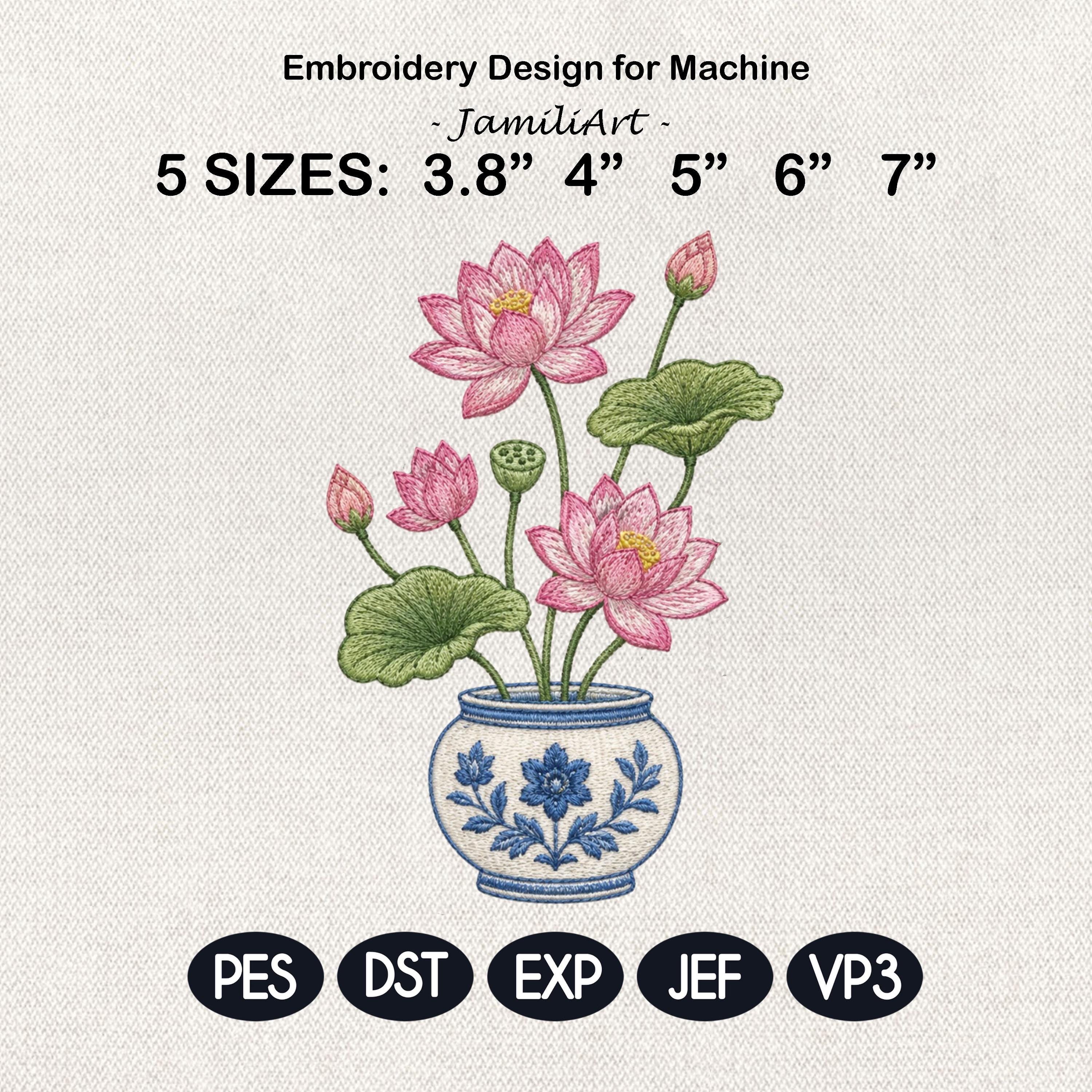 Pink Lotus Chinoiserie Vase Embroidery Design, Blue White Botanical Flower Machine Embroidery File, 5 sizes, Digital Download