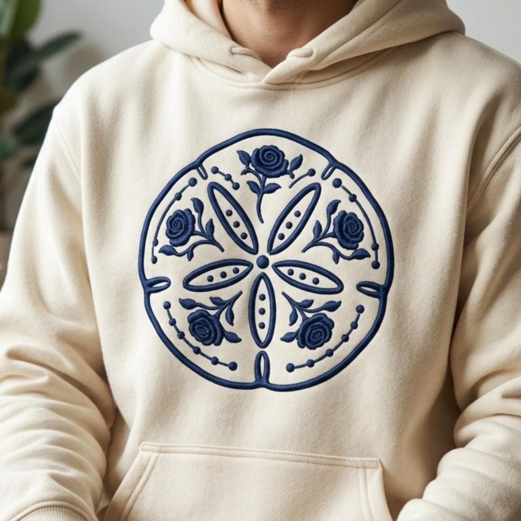 Blue Chinoiserie Sand Dollar Embroidery Design, Floral Coastal Seashell Machine Embroidery File, 5 sizes, Digital Download - image 3