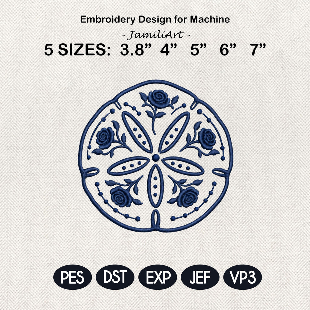 Blue Chinoiserie Sand Dollar Embroidery Design, Floral Coastal Seashell Machine Embroidery File, 5 sizes, Digital Download