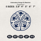 Blue Chinoiserie Sand Dollar Embroidery Design, Floral Coastal Seashell Machine Embroidery File, 5 sizes, Digital Download