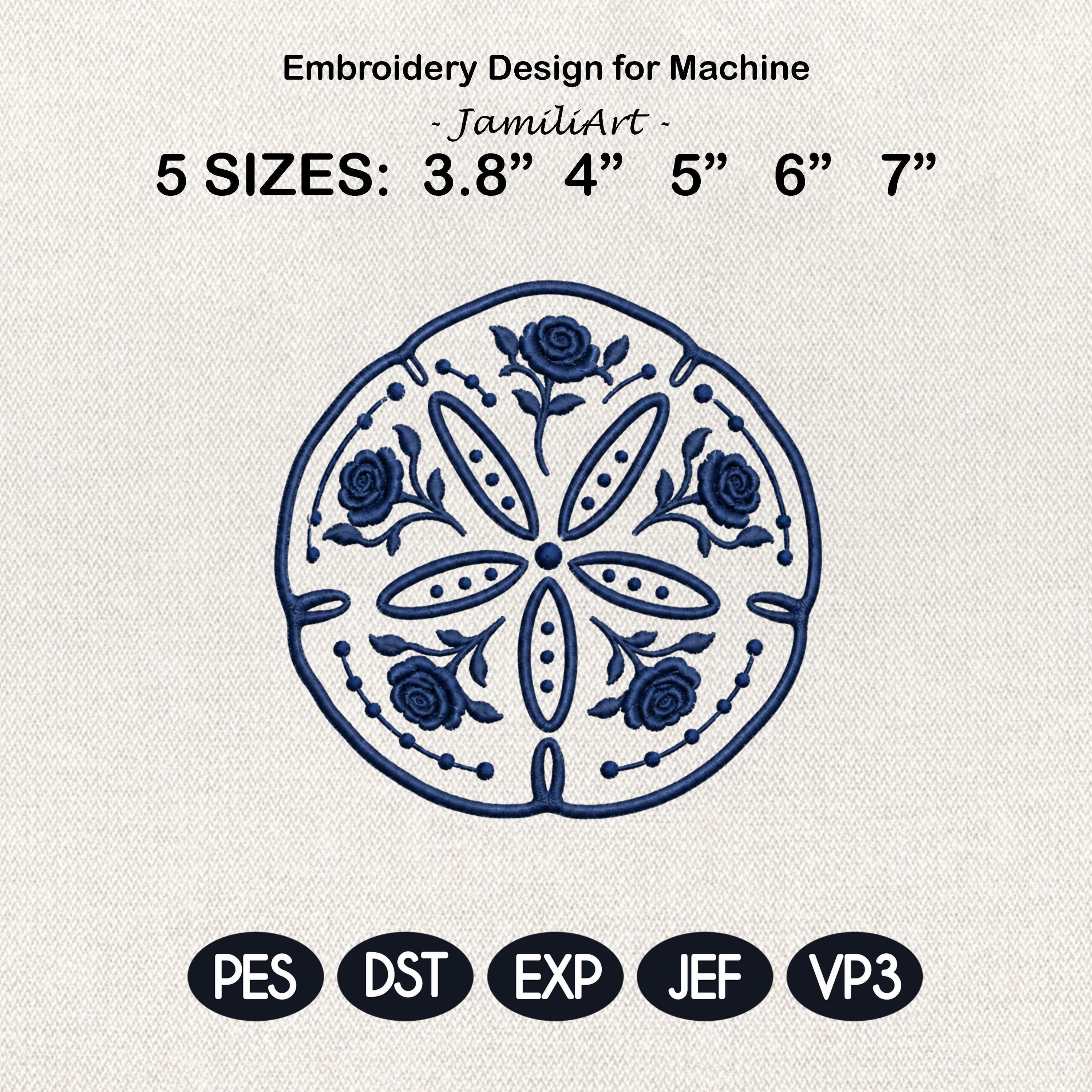 Blue Chinoiserie Sand Dollar Embroidery Design, Floral Coastal Seashell Machine Embroidery File, 5 sizes, Digital Download