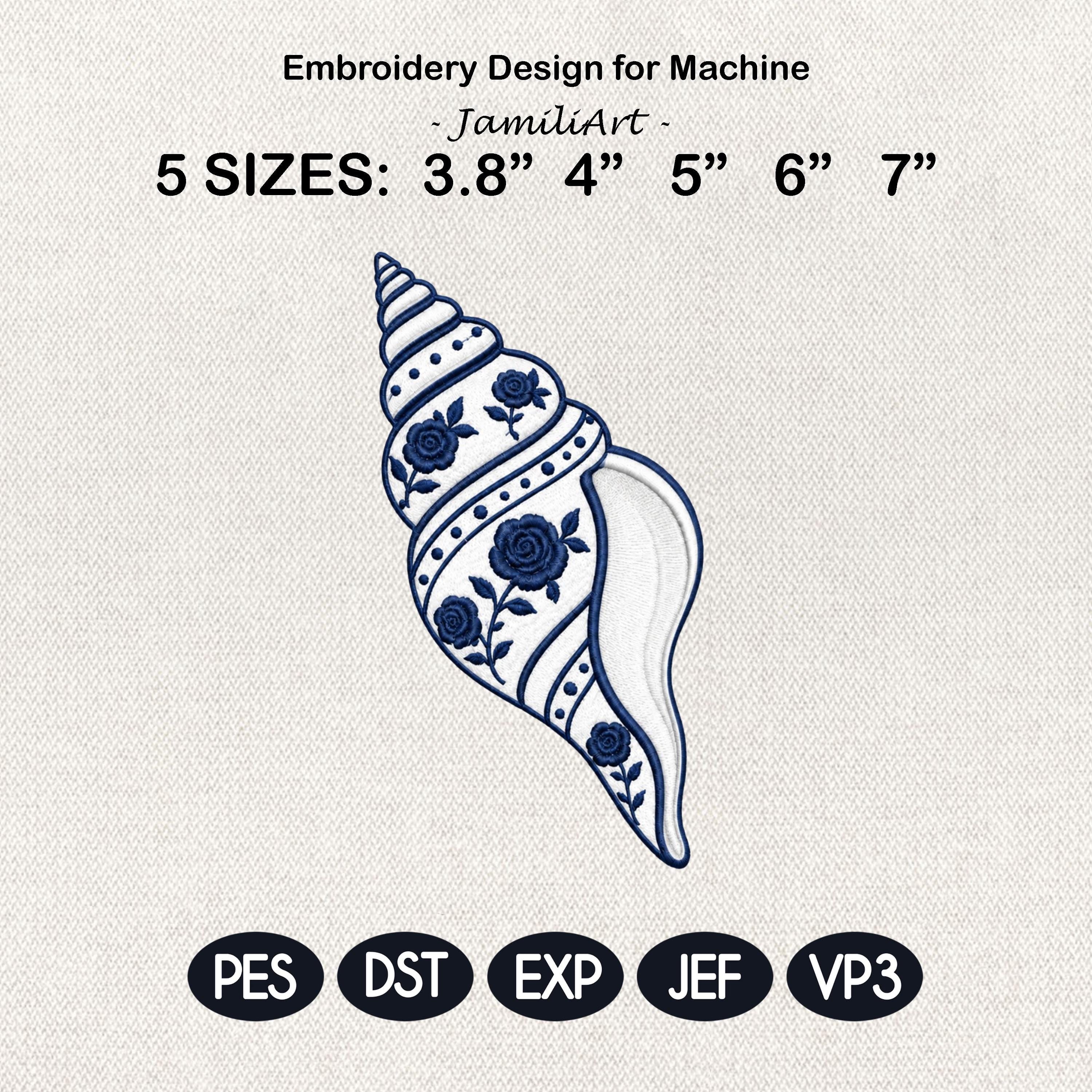 Floral Chinoiserie Conch Shell Embroidery Design, Blue White Nautical Seashell Machine File, 5 sizes, Digital Download