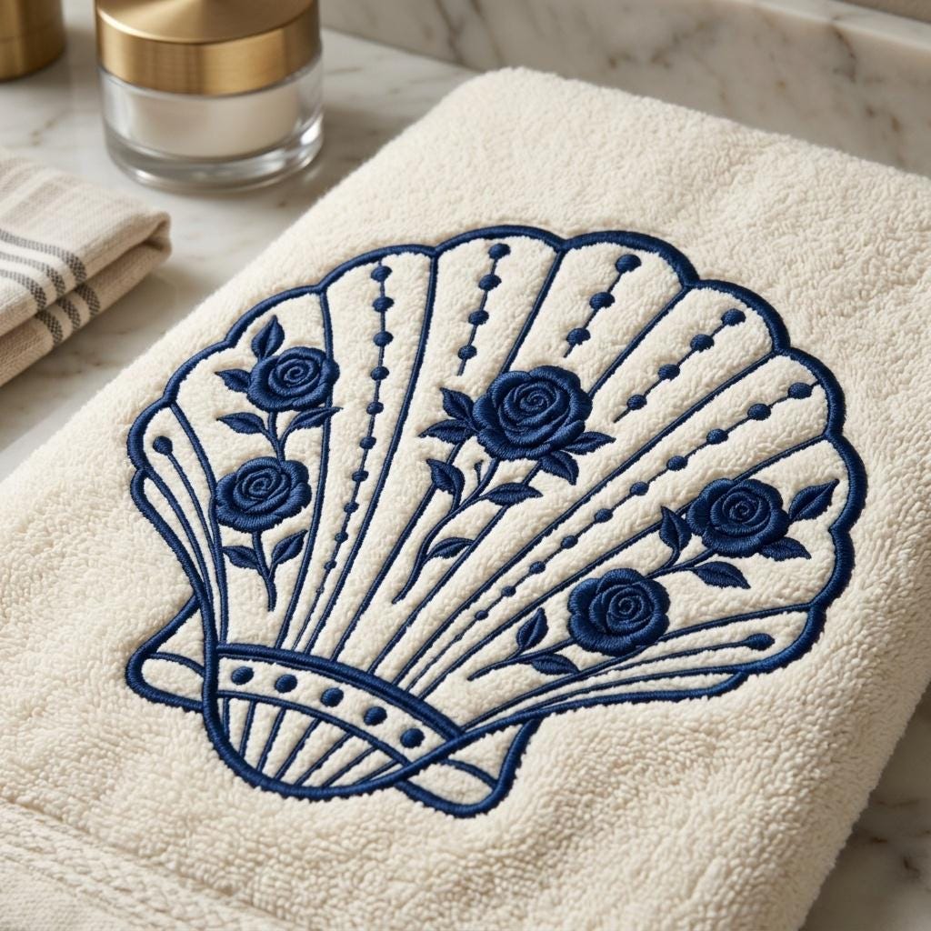 Blue Floral Scallop Shell Embroidery Design, Chinoiserie Coastal Seashell Machine File, 5 sizes, Digital Download - image 4