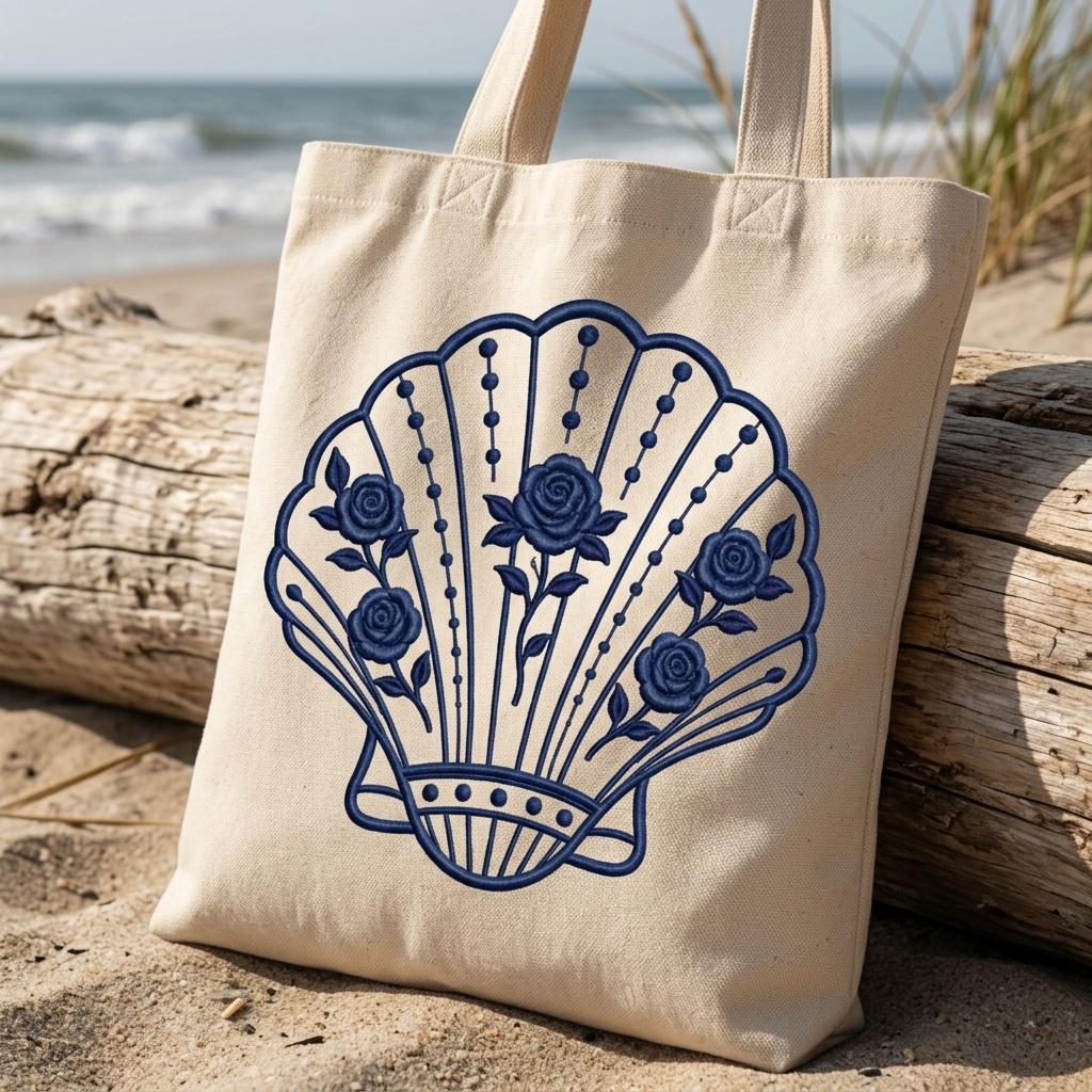 Blue Floral Scallop Shell Embroidery Design, Chinoiserie Coastal Seashell Machine File, 5 sizes, Digital Download - image 5