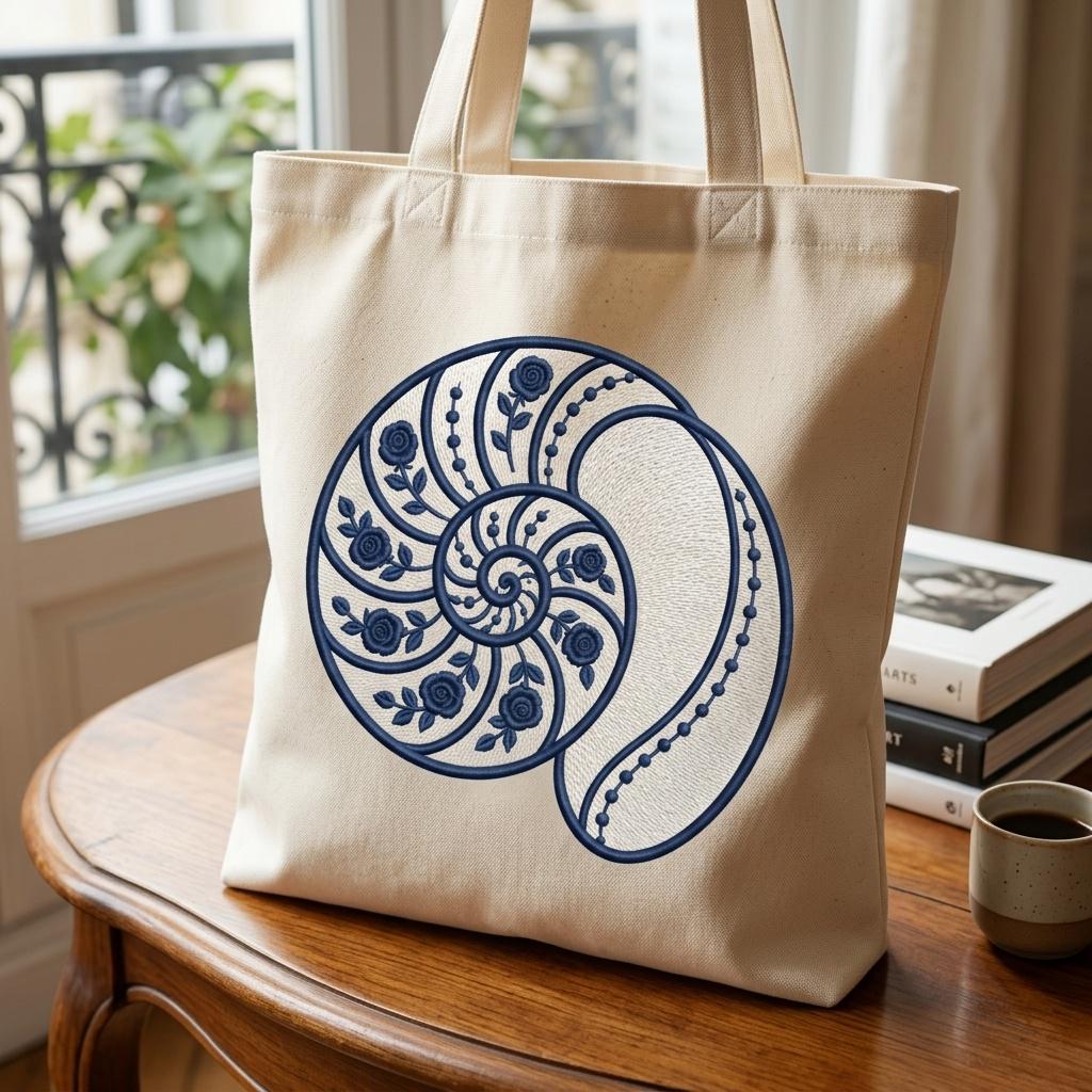 Blue Chinoiserie Nautilus Shell Embroidery Design, Floral Coastal Seashell Machine File, 5 sizes, Digital Download - image 6