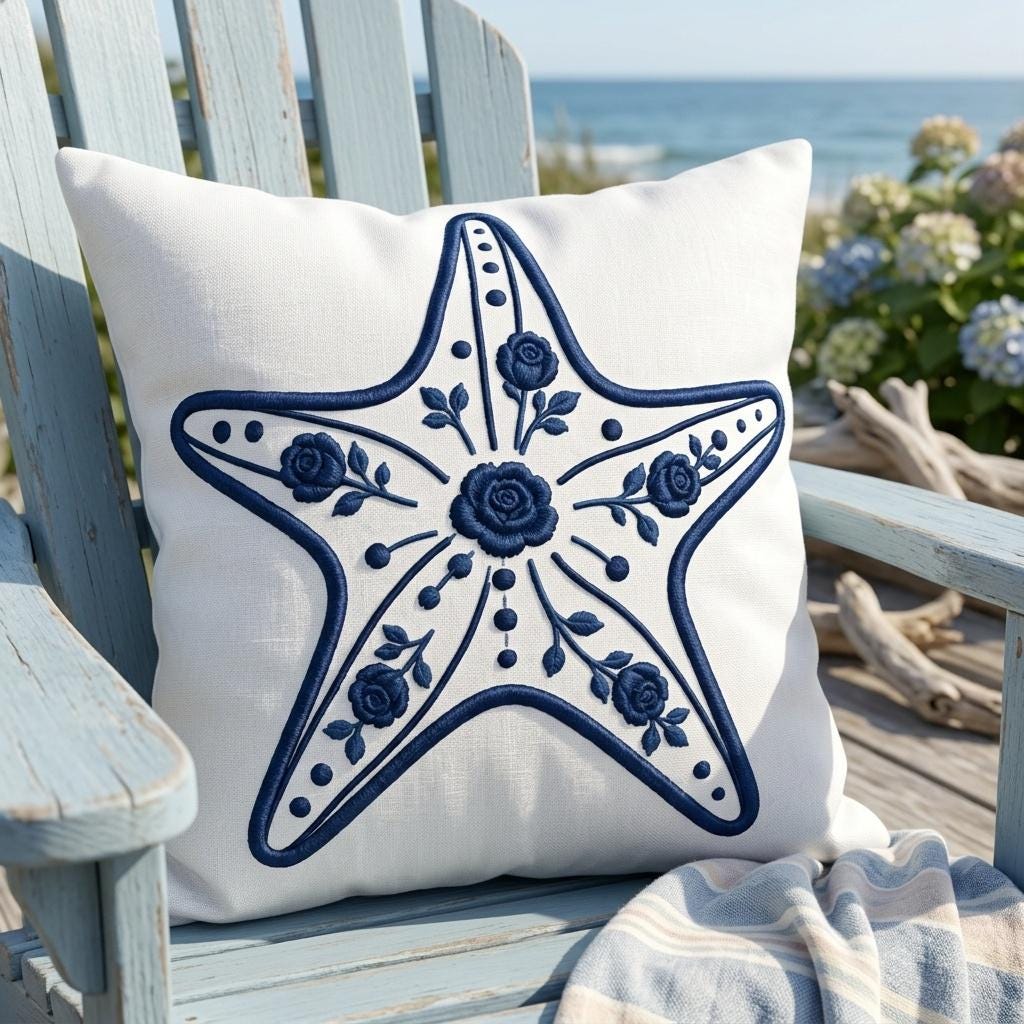 Floral Chinoiserie Starfish Embroidery Design, Blue White Coastal Beach Machine Embroidery File, 5 sizes, Digital Download - image 6