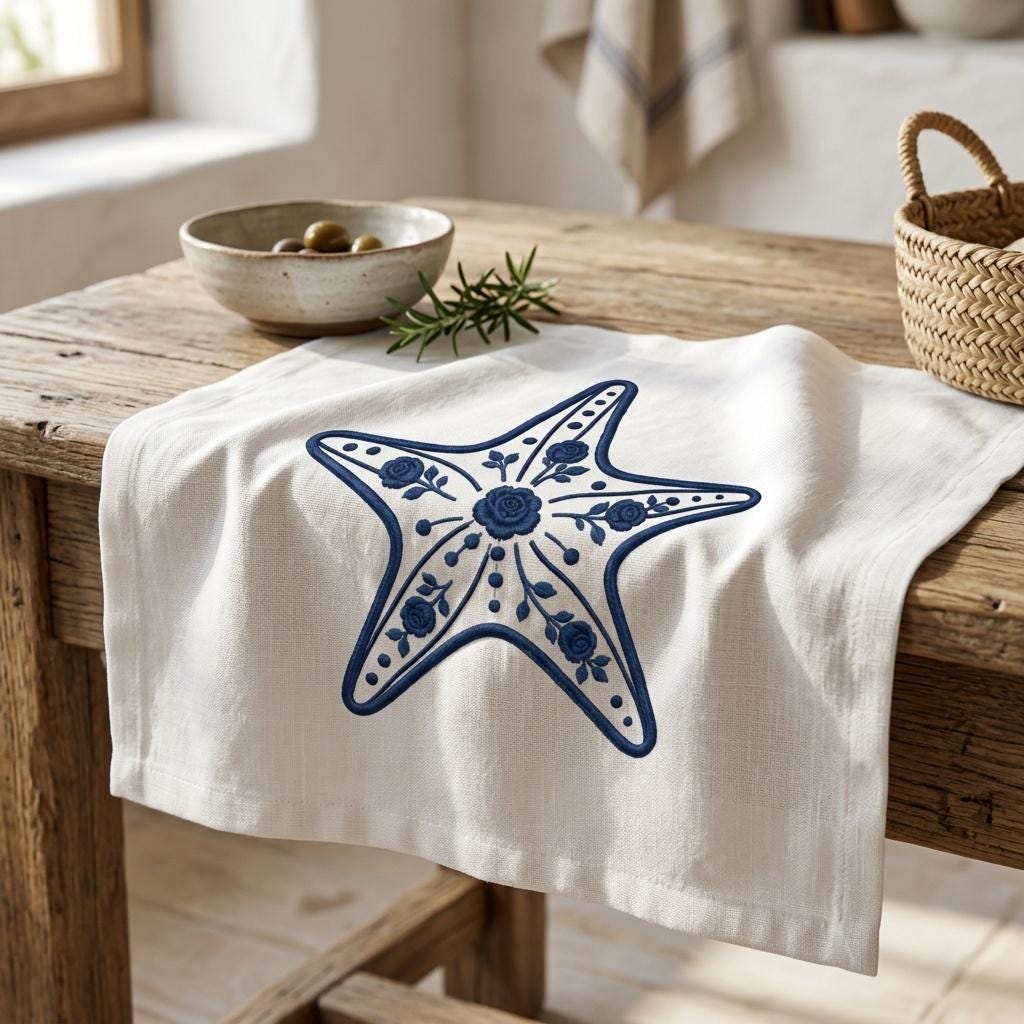 Floral Chinoiserie Starfish Embroidery Design, Blue White Coastal Beach Machine Embroidery File, 5 sizes, Digital Download - image 4