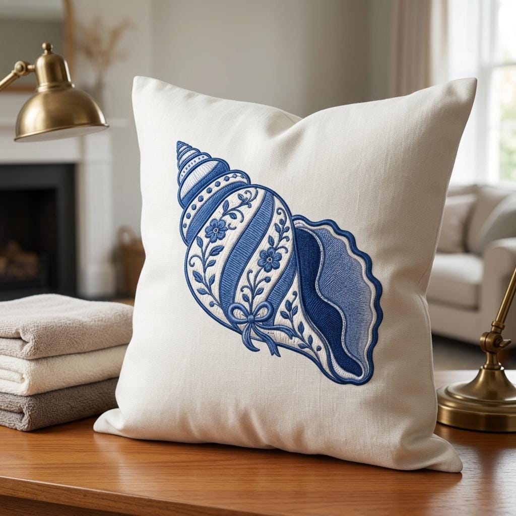 Blue White Chinoiserie Conch Shell Embroidery Design, Floral Nautical Coastal Machine File, 5 sizes, Digital Download - image 7