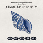 Blue White Chinoiserie Conch Shell Embroidery Design, Floral Nautical Coastal Machine File, 5 sizes, Digital Download