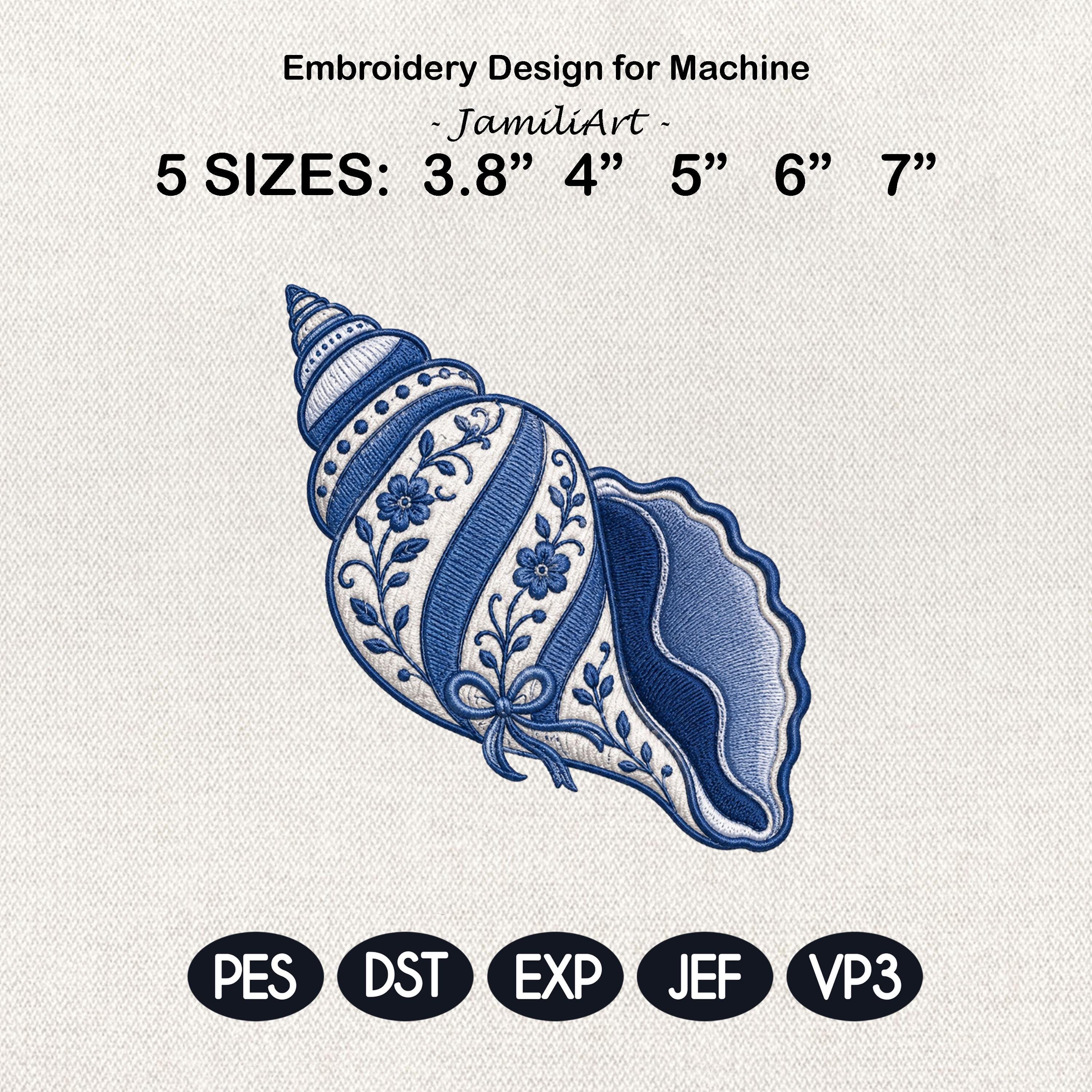 Blue White Chinoiserie Conch Shell Embroidery Design, Floral Nautical Coastal Machine File, 5 sizes, Digital Download