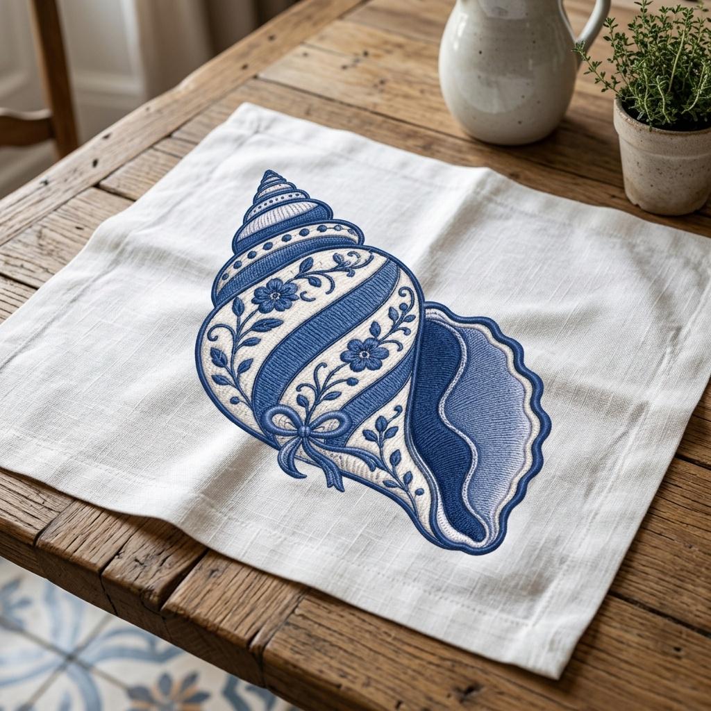 Blue White Chinoiserie Conch Shell Embroidery Design, Floral Nautical Coastal Machine File, 5 sizes, Digital Download - image 4