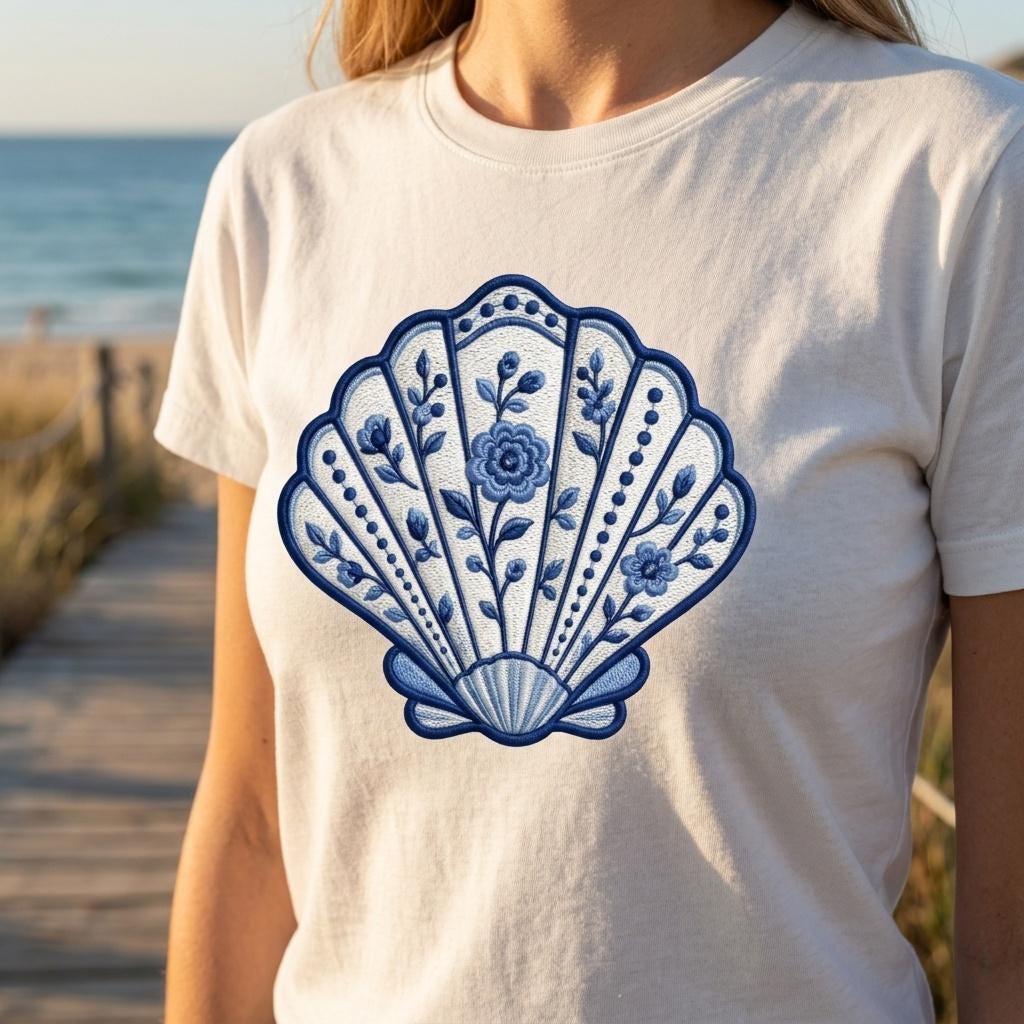 Chinoiserie Scallop Shell Embroidery Design, Blue Floral Coastal Seashell Machine File, 5 sizes, Digital Download - image 3