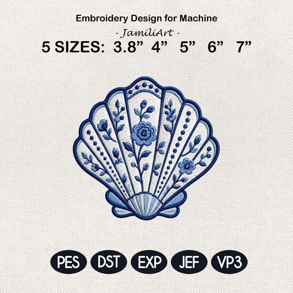 Chinoiserie Scallop Shell Embroidery Design, Blue Floral Coastal Seashell Machine File, 5 sizes, Digital Download
