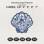 Chinoiserie Scallop Shell Embroidery Design, Blue Floral Coastal Seashell Machine File, 5 sizes, Digital Download