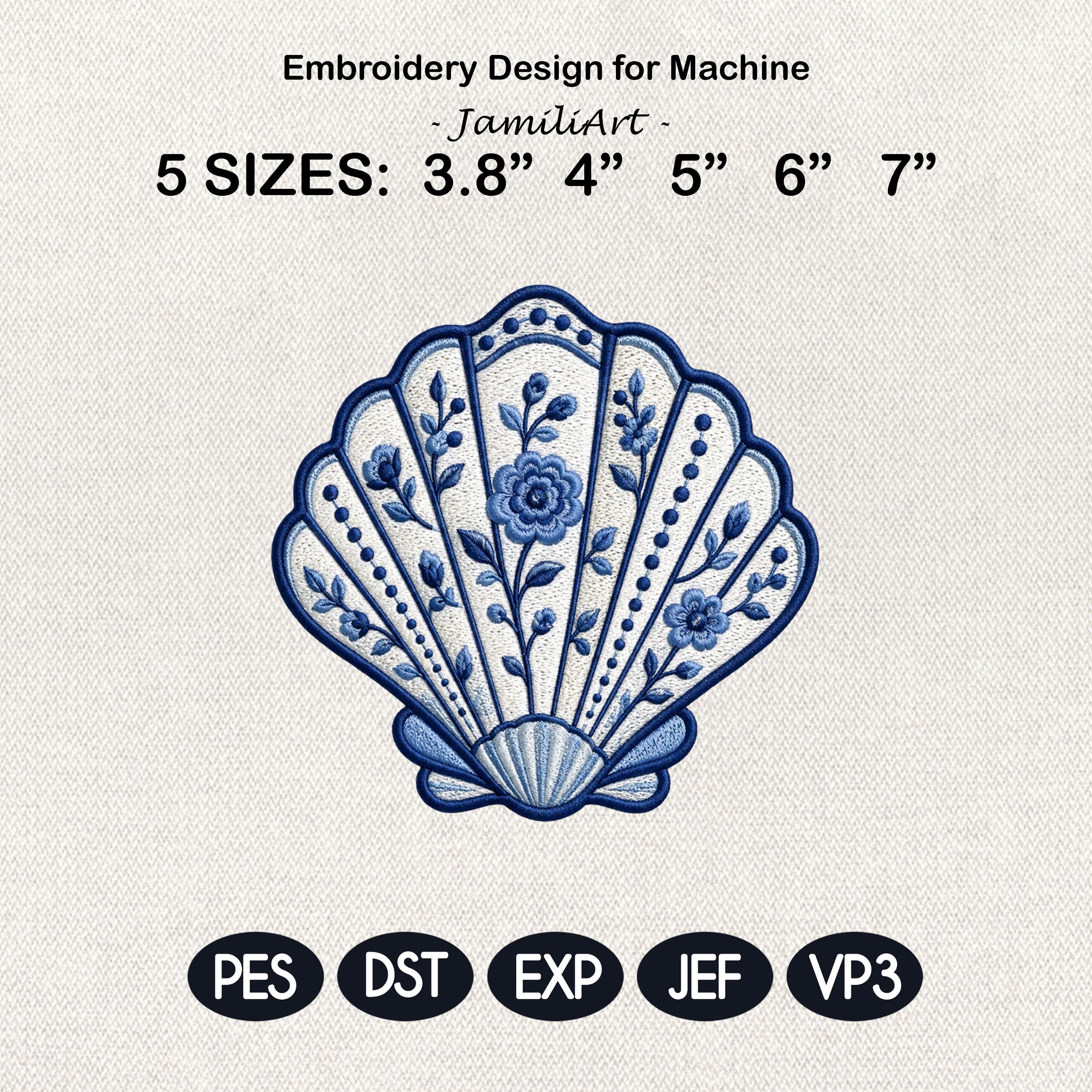 Chinoiserie Scallop Shell Embroidery Design, Blue Floral Coastal Seashell Machine File, 5 sizes, Digital Download