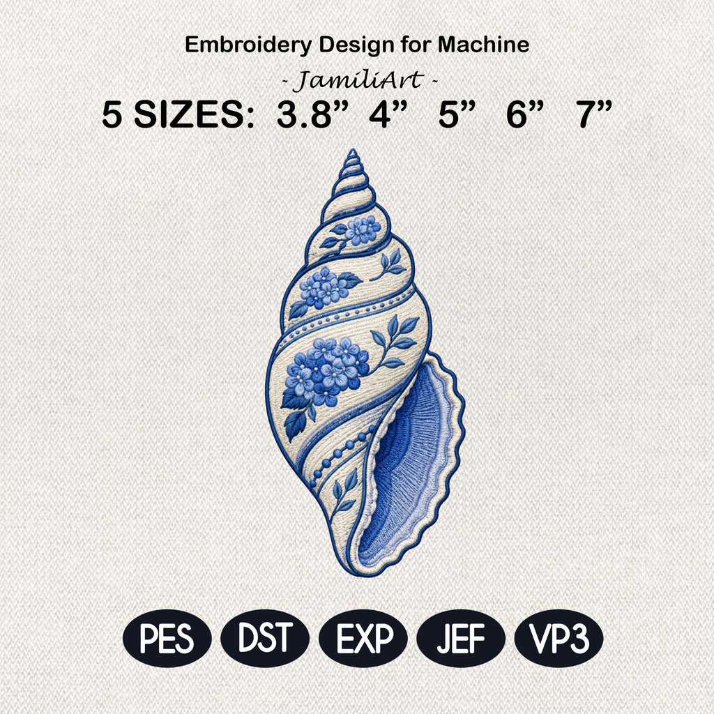 Blue Chinoiserie Spiral Seashell Embroidery Design, Floral Coastal Nautical Machine File, 5 sizes, Digital Download