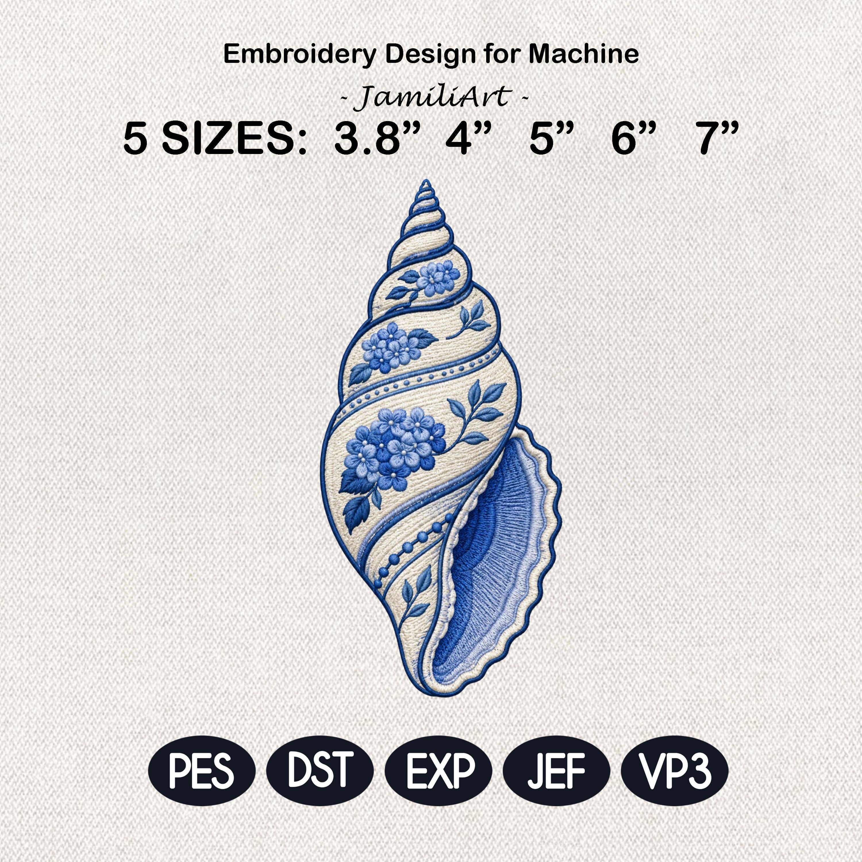 Blue Chinoiserie Spiral Seashell Embroidery Design, Floral Coastal Nautical Machine File, 5 sizes, Digital Download