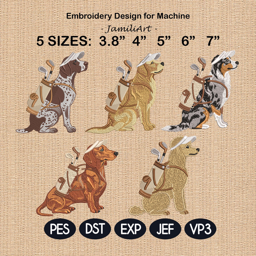 Funny Golf Dog Embroidery Bundle, Preppy Sporting Dog Embroidery Design, Retriever Poodle Golf Machine Embroidery, 5 sizes, Digital Download