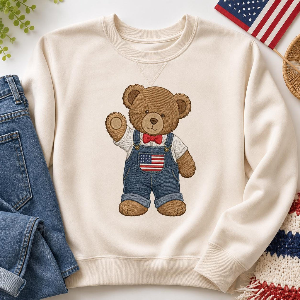 Americana Teddy Bear Embroidery Design, Cute USA Bear In Overalls Machine Embroidery, Patriotic Baby Bear Stitch Pattern, Digital Download - image 3
