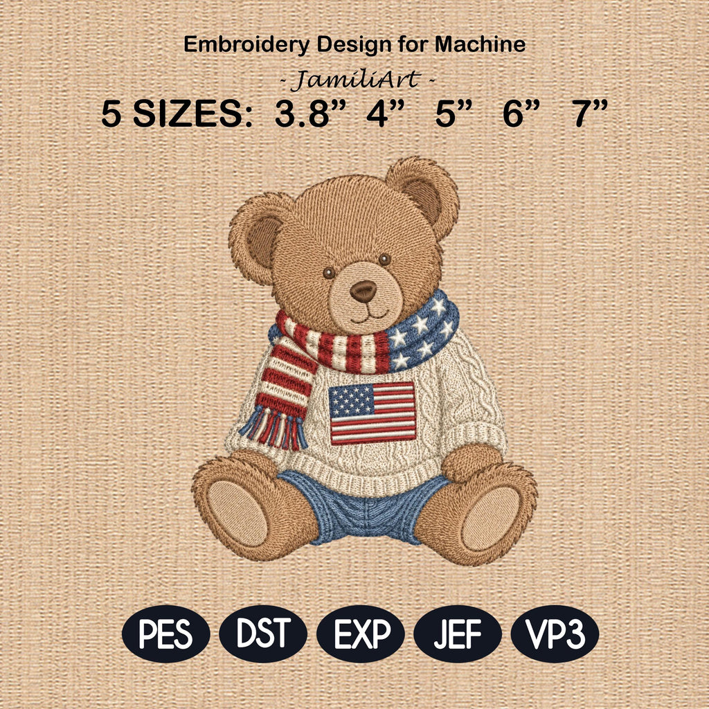 Patriotic Teddy Bear Embroidery Design, USA Flag Sweater Bear Machine Embroidery File, Americana Baby Bear Pattern, 5 sizes Digital Download