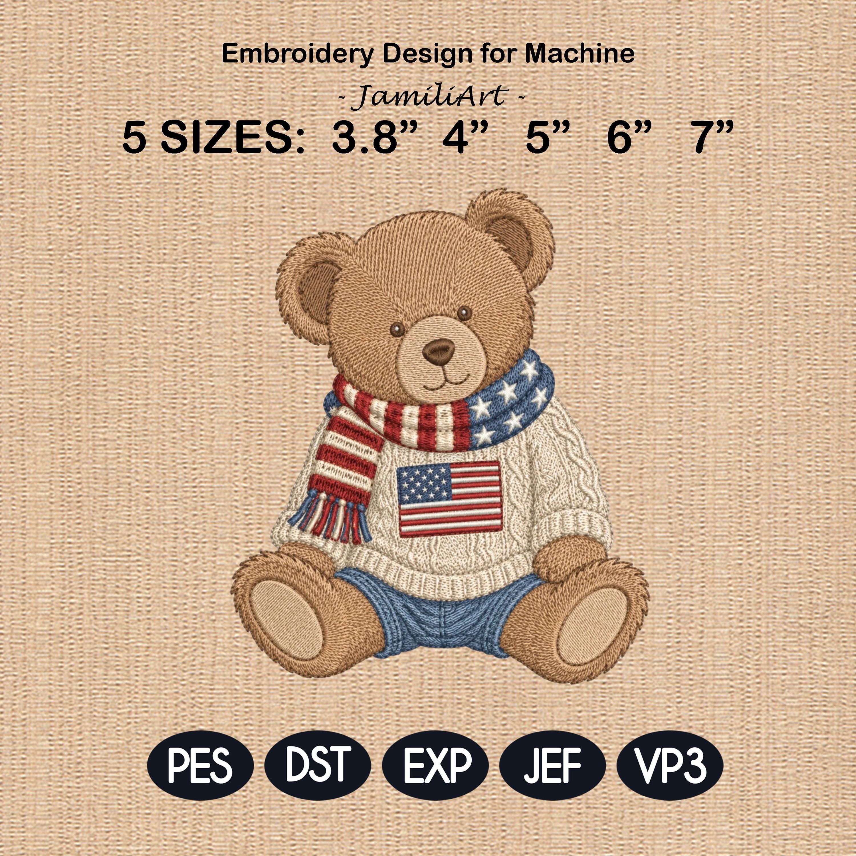 Patriotic Teddy Bear Embroidery Design, USA Flag Sweater Bear Machine Embroidery File, Americana Baby Bear Pattern, 5 sizes Digital Download