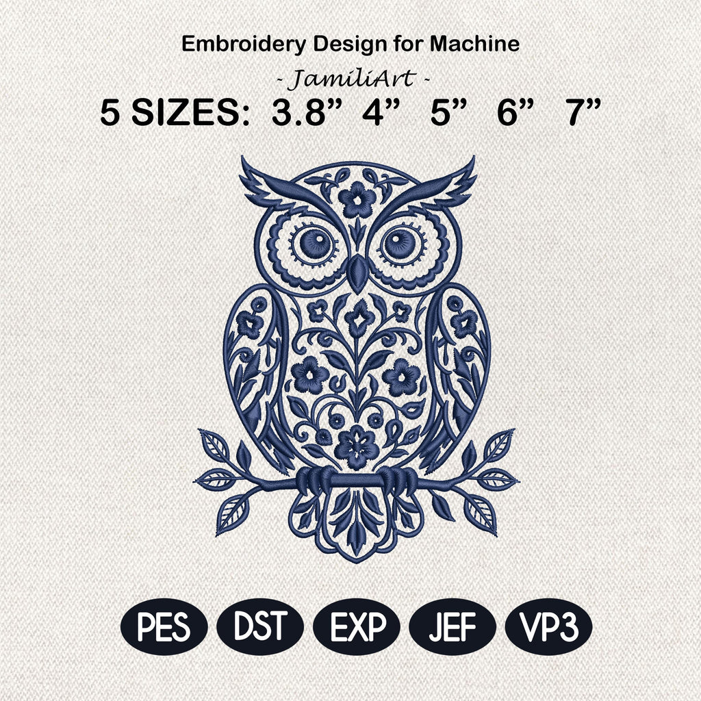 Chinoiserie Owl Embroidery Design, Blue Floral Owl Machine Embroidery File, Preppy Bird Stitch, 5 sizes, Digital Download