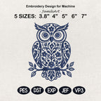 Chinoiserie Owl Embroidery Design, Blue Floral Owl Machine Embroidery File, Preppy Bird Stitch, 5 sizes, Digital Download