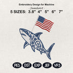 Chinoiserie Shark Embroidery Design with USA Flag, Patriotic Nautical Sea Life, 4th of July Machine Embroidery, 5 sizes, Digital Download