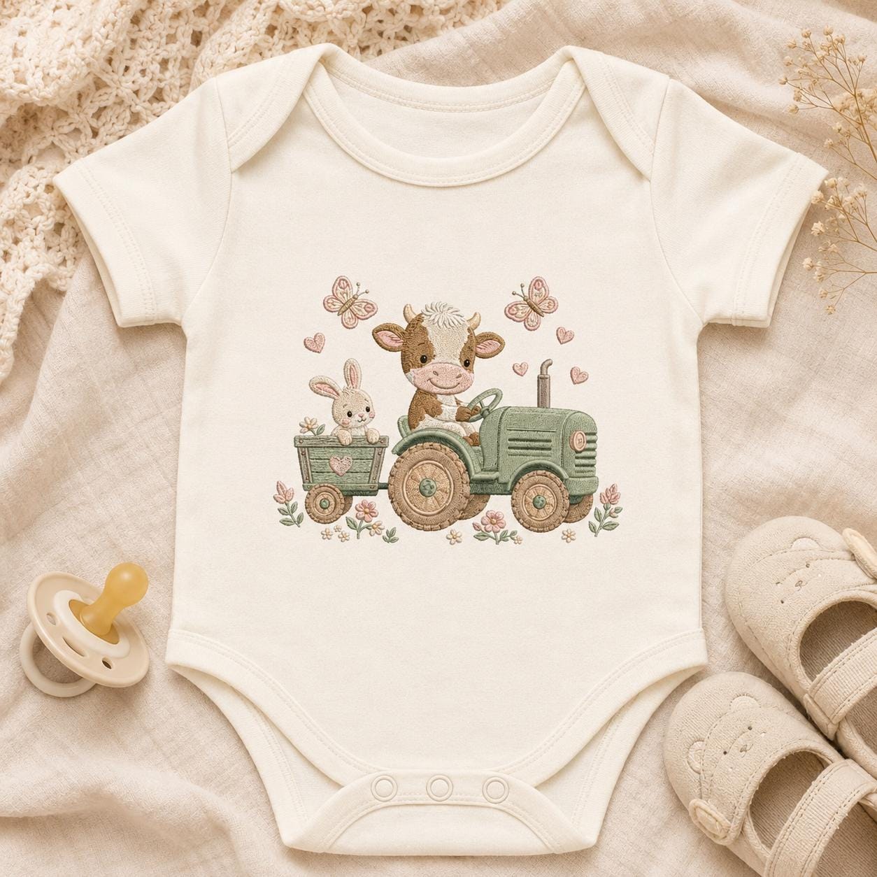 Cow Tractor Embroidery Design, Cute Farm Nursery Machine Embroidery File, Baby Cow Bunny Tractor Stitch, 5 sizes, Digital Download - image 3