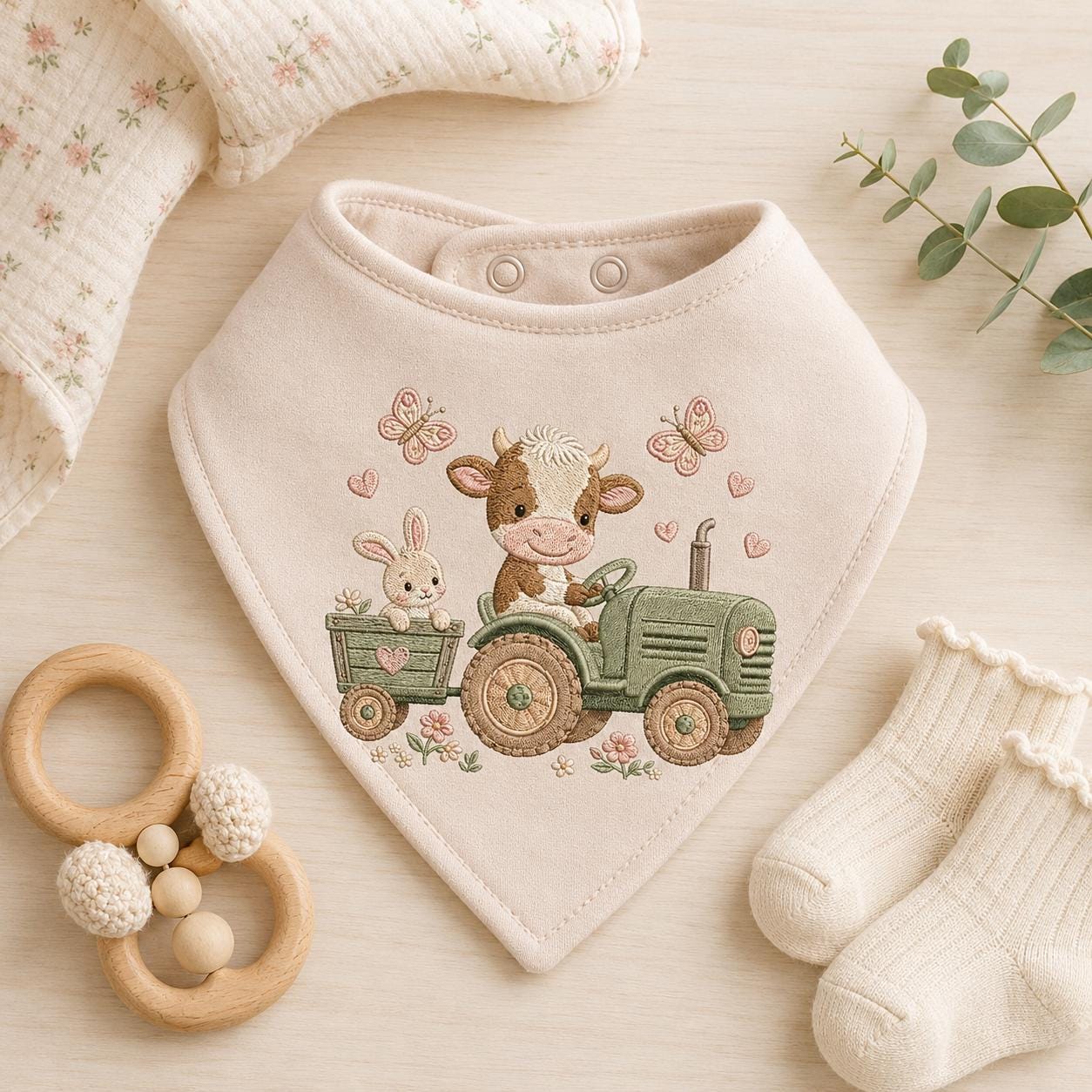 Cow Tractor Embroidery Design, Cute Farm Nursery Machine Embroidery File, Baby Cow Bunny Tractor Stitch, 5 sizes, Digital Download - image 5