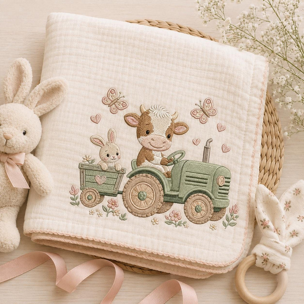 Cow Tractor Embroidery Design, Cute Farm Nursery Machine Embroidery File, Baby Cow Bunny Tractor Stitch, 5 sizes, Digital Download - image 6