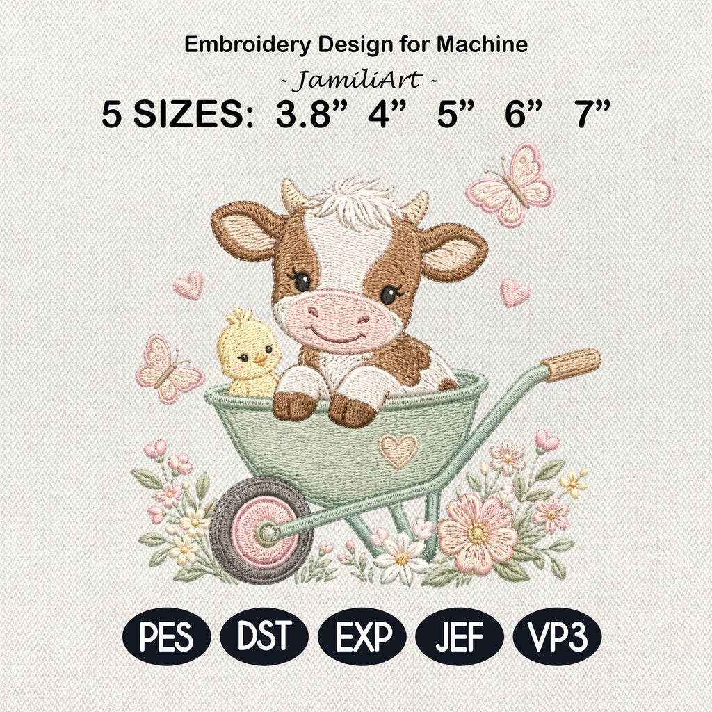 Cow Wheelbarrow Embroidery Design, Baby Farm Animal Machine Embroidery File, Cute Cow Garden Stitch, 5 sizes, Digital Download