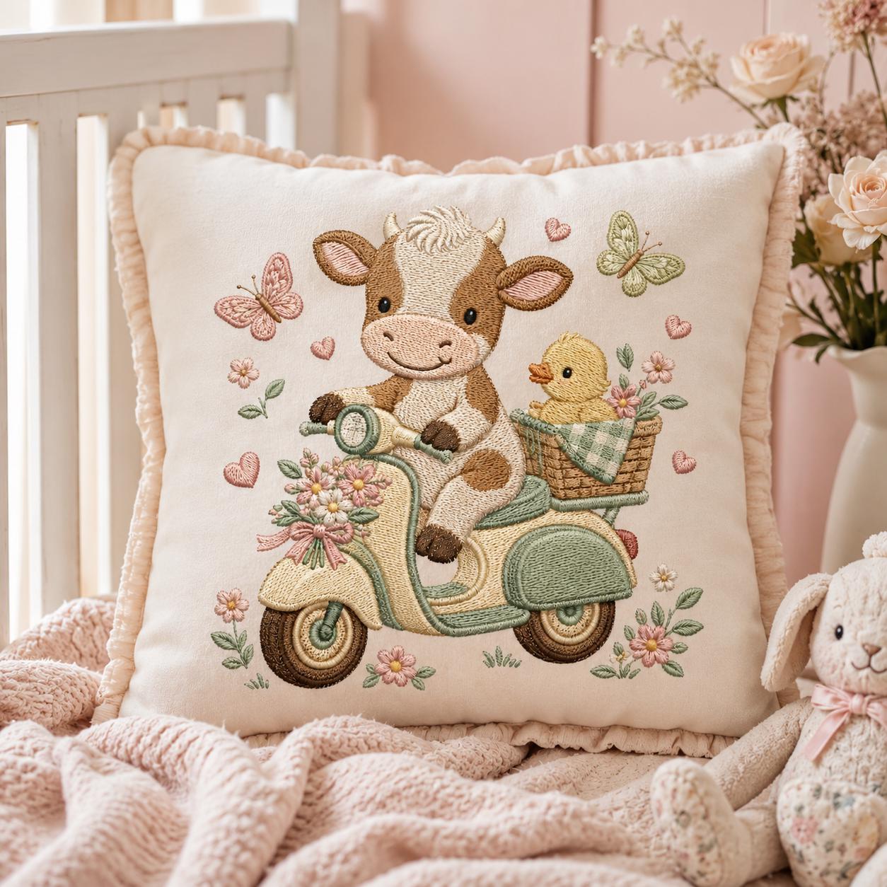Cow Scooter Embroidery Design, Cute Baby Farm Machine Embroidery File, Cow Duck Scooter Nursery Stitch, 5 sizes, Digital Download - image 5