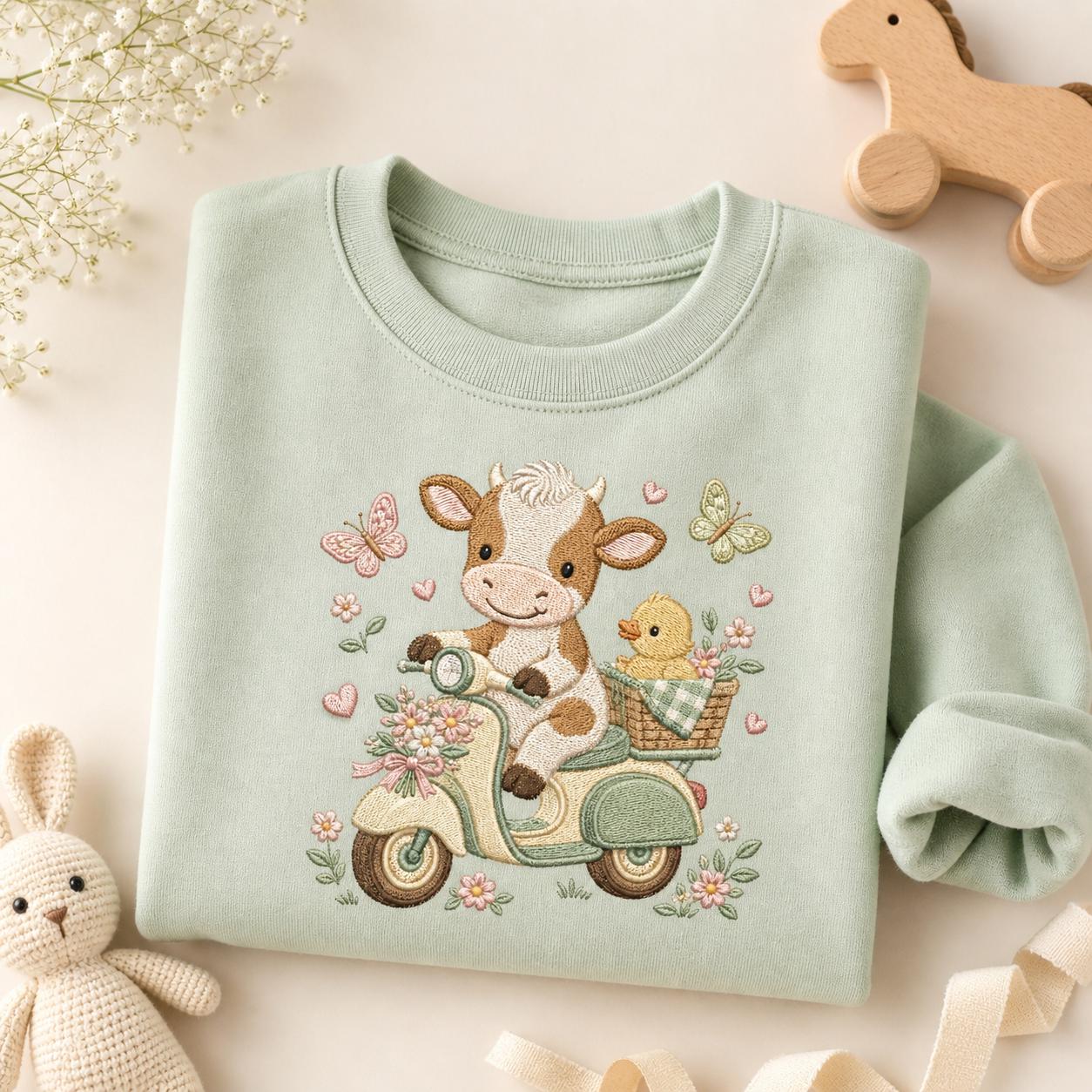 Cow Scooter Embroidery Design, Cute Baby Farm Machine Embroidery File, Cow Duck Scooter Nursery Stitch, 5 sizes, Digital Download - image 4