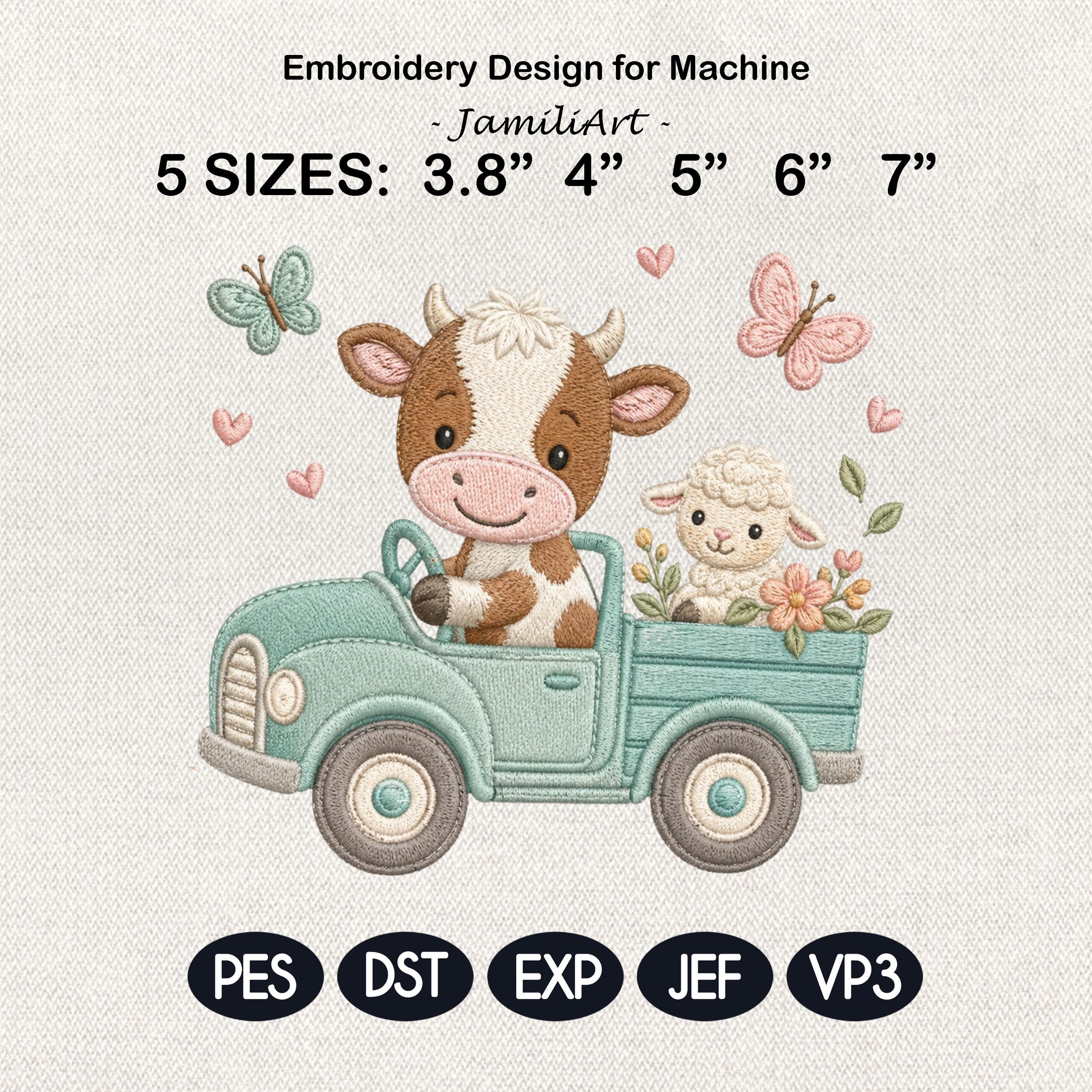 Cow Truck Embroidery Design, Cute Farm Animal Machine Embroidery File, Baby Nursery Cow Sheep Truck Stitch, 5 sizes, Digital Download