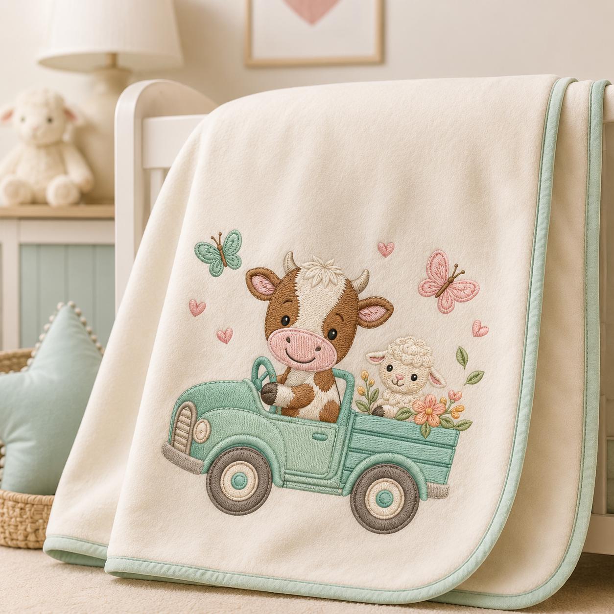 Cow Truck Embroidery Design, Cute Farm Animal Machine Embroidery File, Baby Nursery Cow Sheep Truck Stitch, 5 sizes, Digital Download - image 5