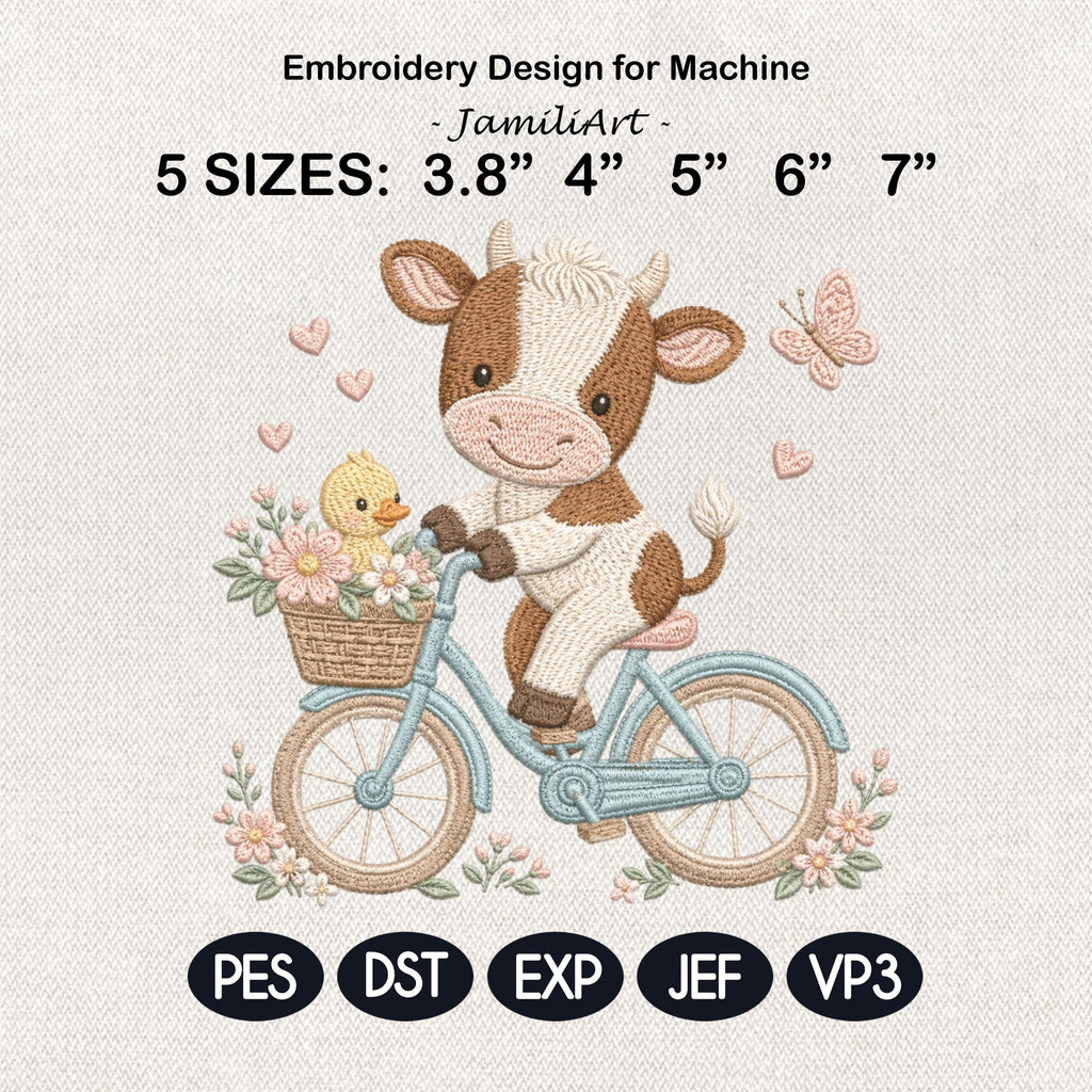 Cow Bicycle Embroidery Design, Cute Baby Farm Animal Machine Embroidery File, Spring Cow Bike Stitch, 5 sizes, Digital Download