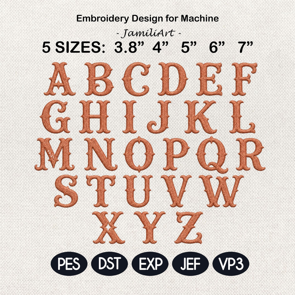 Vintage Serif Alphabet Embroidery Design, Classic Monogram Font A-Z Machine Embroidery Letters, Initials Set, 5 sizes, Digital Download