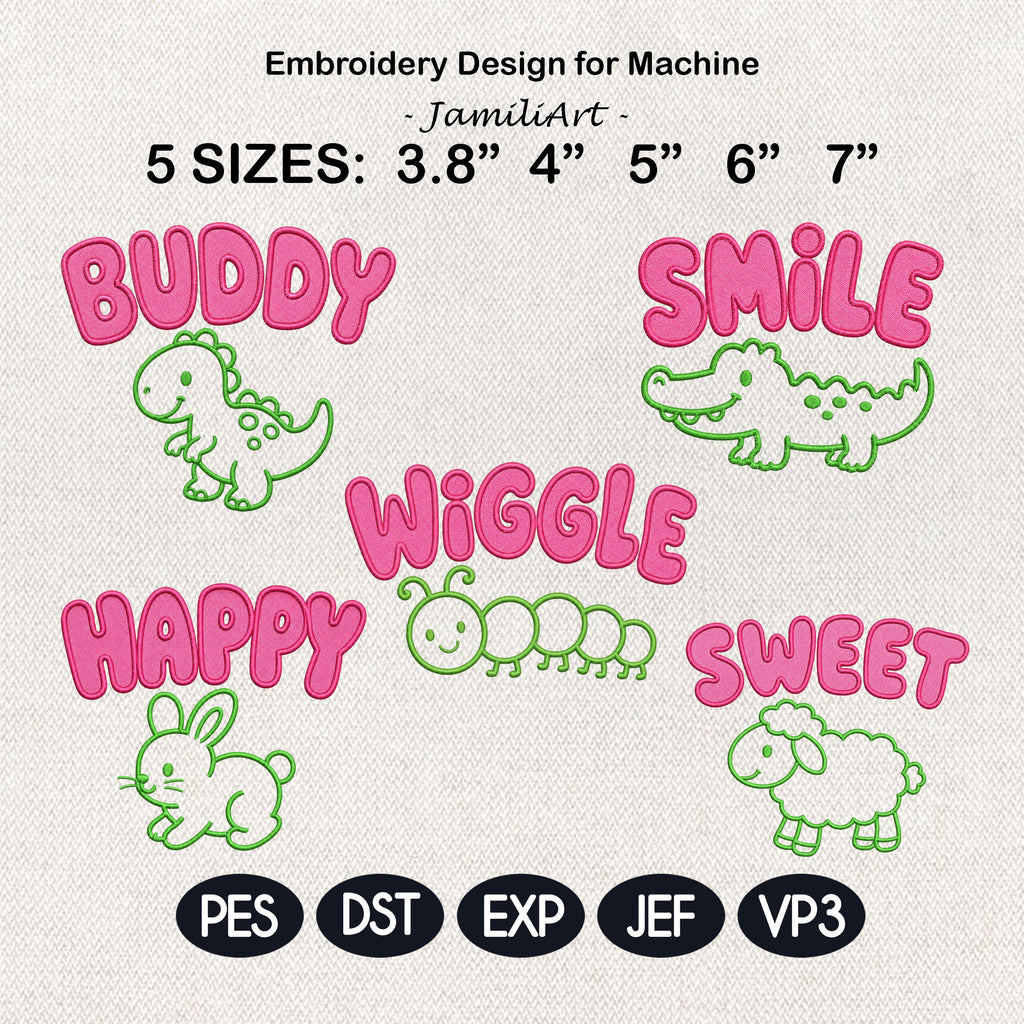 Cute Animal Word Embroidery Bundle, 5 Baby Animal Machine Embroidery Designs, Dino Bunny Gator Sheep Nursery File, 5 sizes, Digital Download