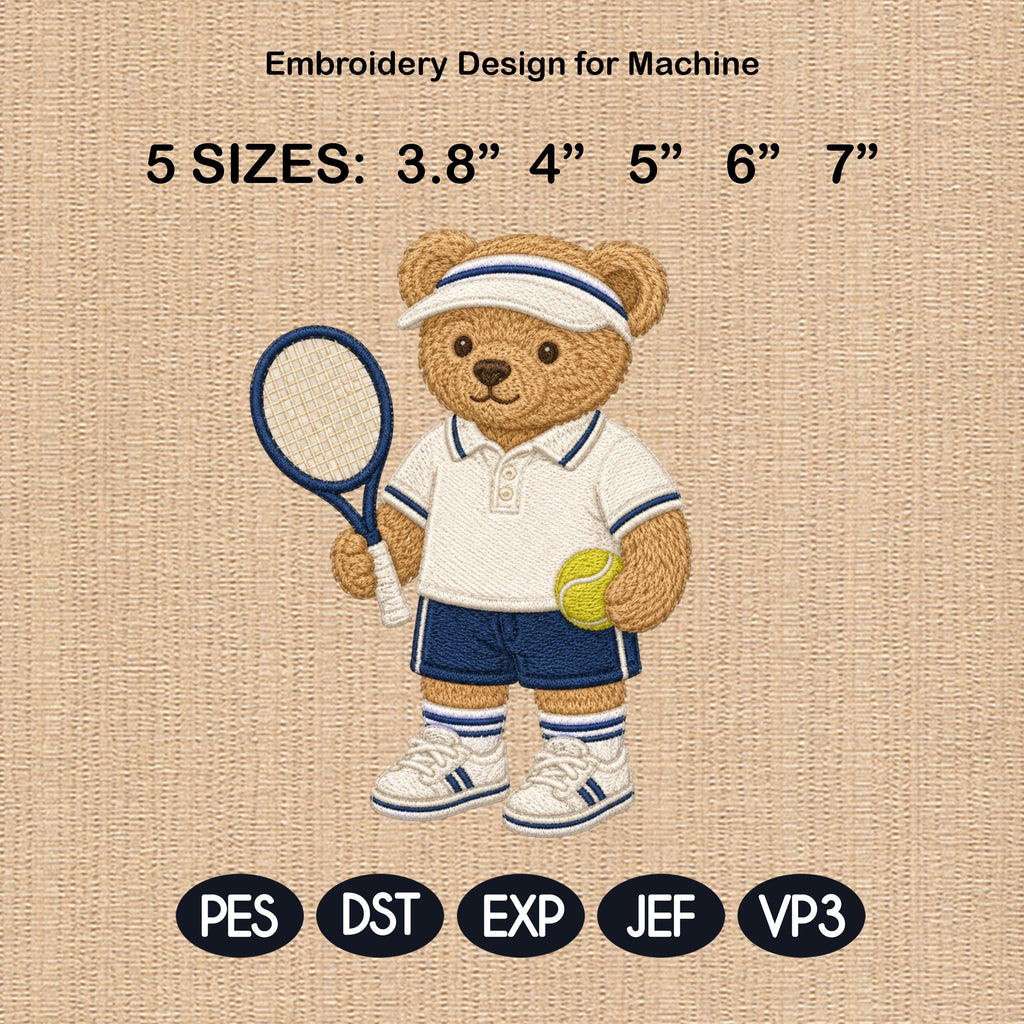 Tennis Teddy Bear Embroidery Design, Sport Bear Machine Embroidery File, Cute Tennis Stitch, 5 sizes, Digital Download