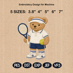 Tennis Teddy Bear Embroidery Design, Sport Bear Machine Embroidery File, Cute Tennis Stitch, 5 sizes, Digital Download