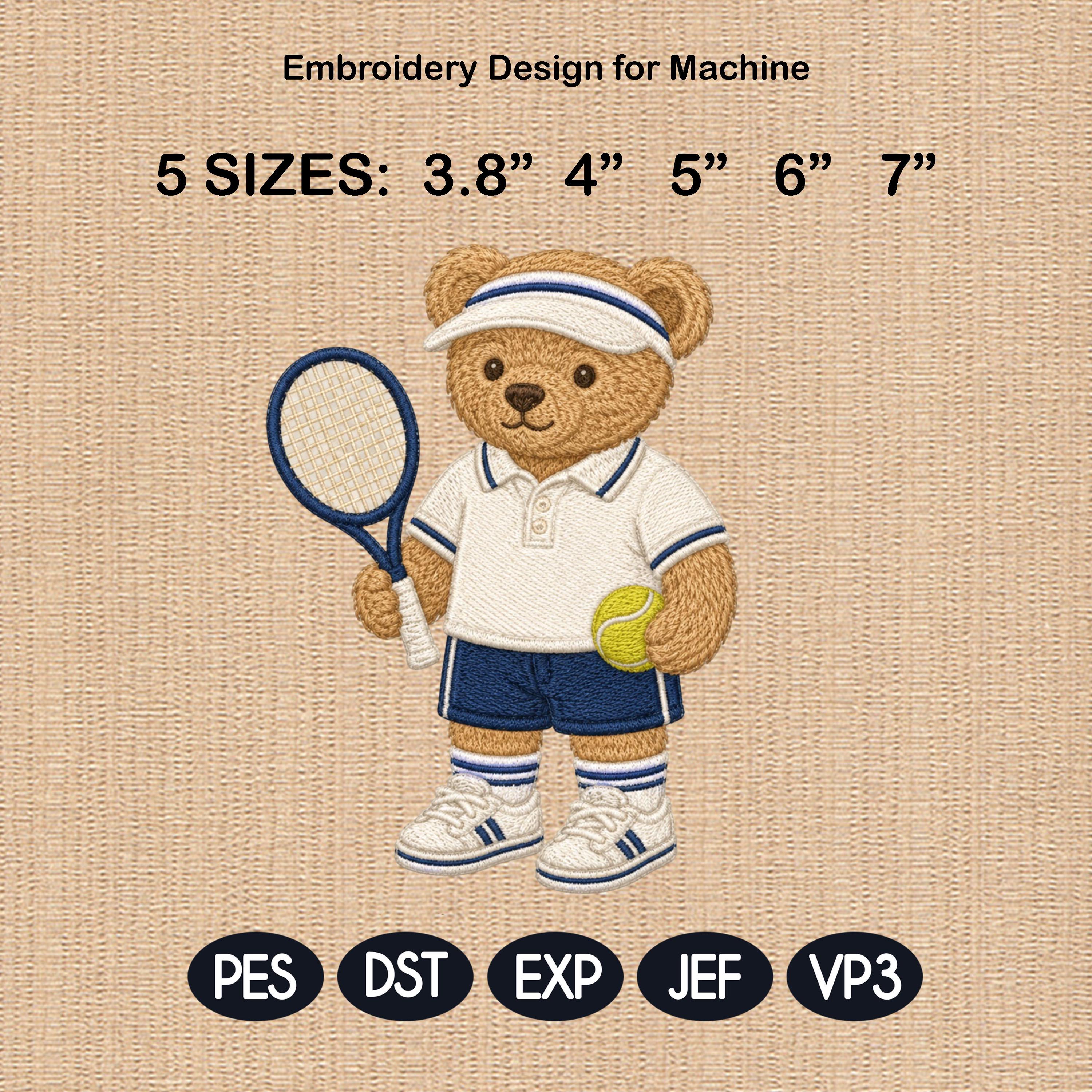 Tennis Teddy Bear Embroidery Design, Sport Bear Machine Embroidery File, Cute Tennis Stitch, 5 sizes, Digital Download