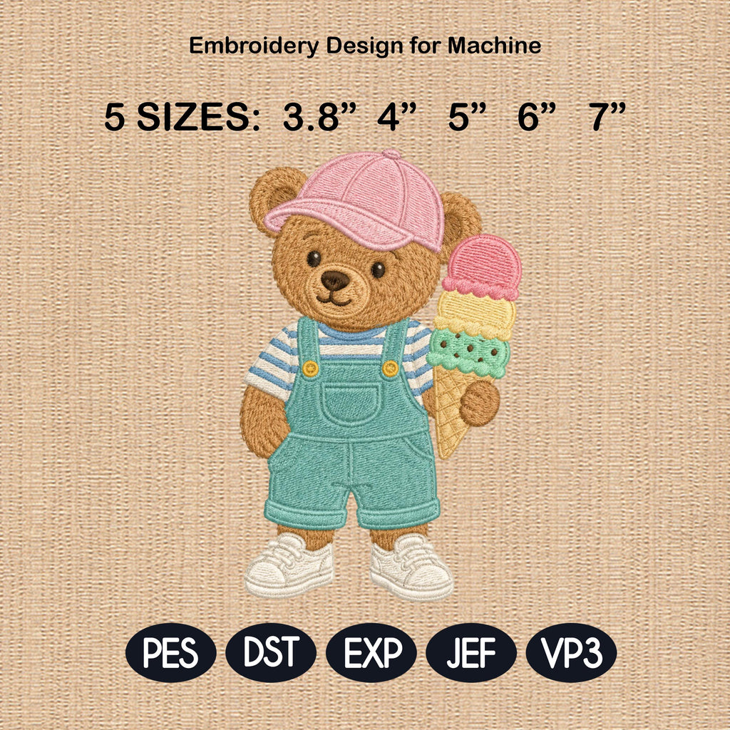 Ice Cream Teddy Bear Embroidery Design, Summer Bear Machine Embroidery File, Cute Dessert Stitch Pattern, 5 sizes, Digital Download
