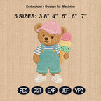 Ice Cream Teddy Bear Embroidery Design, Summer Bear Machine Embroidery File, Cute Dessert Stitch Pattern, 5 sizes, Digital Download
