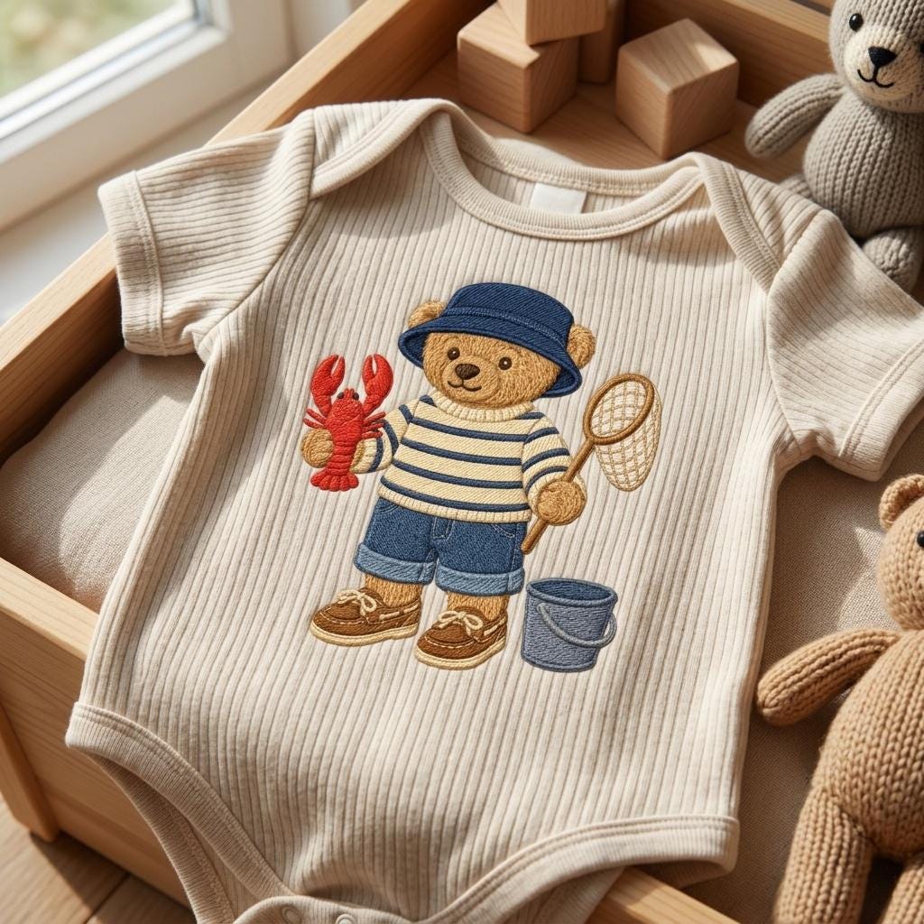 Fishing Teddy Bear Embroidery Design, Lobster Bear Machine Embroidery File, Coastal Summer Stitch Pattern, 5 sizes, Digital Download - image 5
