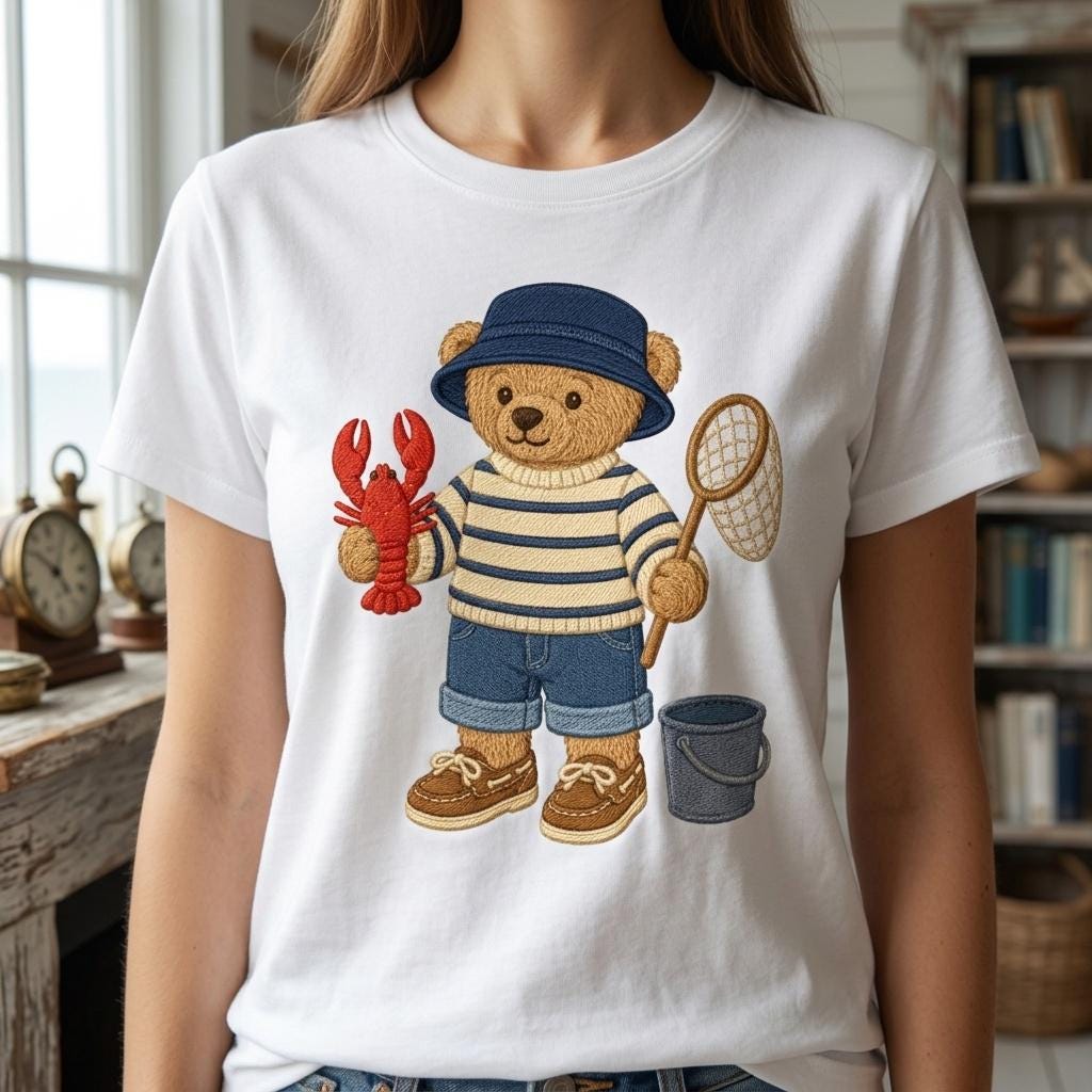 Fishing Teddy Bear Embroidery Design, Lobster Bear Machine Embroidery File, Coastal Summer Stitch Pattern, 5 sizes, Digital Download - image 4