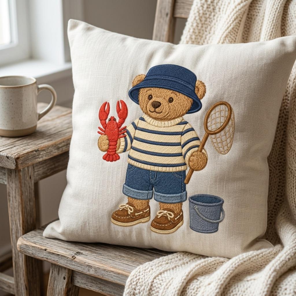 Fishing Teddy Bear Embroidery Design, Lobster Bear Machine Embroidery File, Coastal Summer Stitch Pattern, 5 sizes, Digital Download - image 7