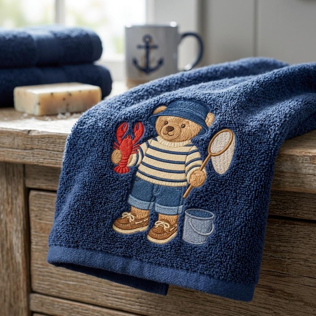 Fishing Teddy Bear Embroidery Design, Lobster Bear Machine Embroidery File, Coastal Summer Stitch Pattern, 5 sizes, Digital Download - image 6