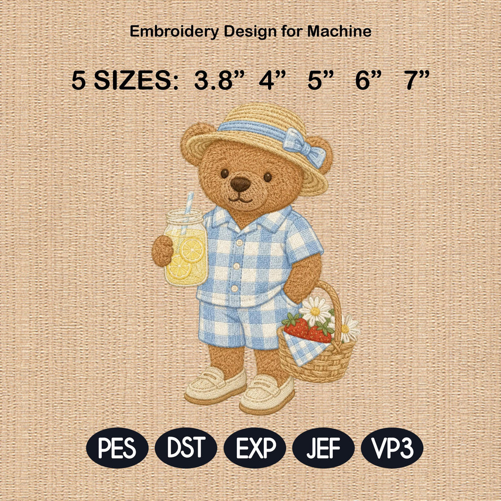 Picnic Teddy Bear Embroidery Design, Lemonade Bear Machine Embroidery File, Summer Basket Stitch Pattern, 5 sizes, Digital Download