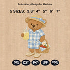 Picnic Teddy Bear Embroidery Design, Lemonade Bear Machine Embroidery File, Summer Basket Stitch Pattern, 5 sizes, Digital Download